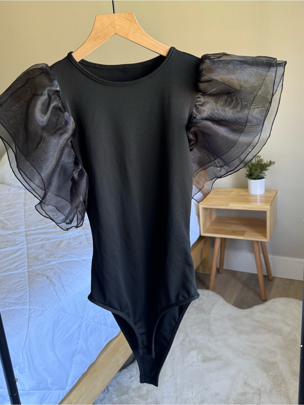 Black Bodysuit with Sheer Puff Sleeves